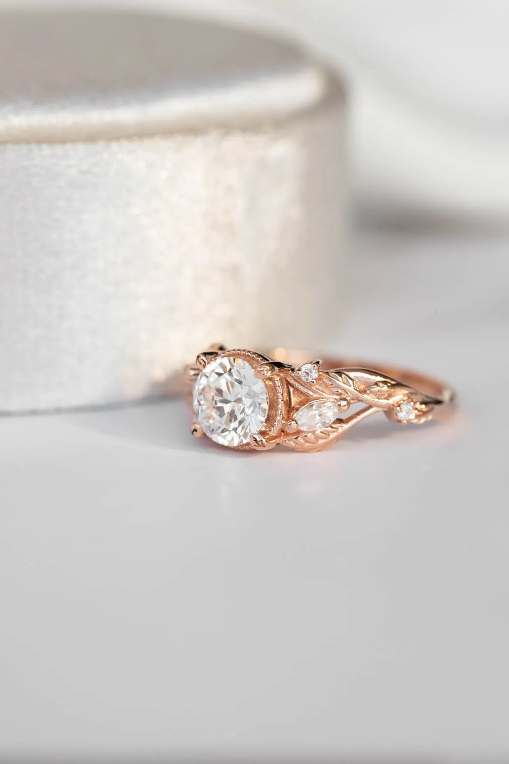 1 carat moissanite engagement ring, rose gold ring with leaves and diamonds / Patricia