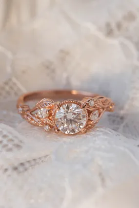 1 carat moissanite engagement ring, rose gold ring with leaves and diamonds / Patricia