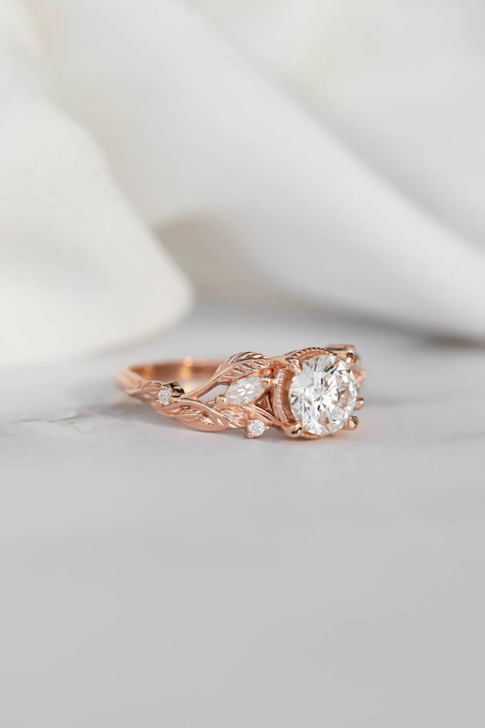 1 carat moissanite engagement ring, rose gold ring with leaves and diamonds / Patricia