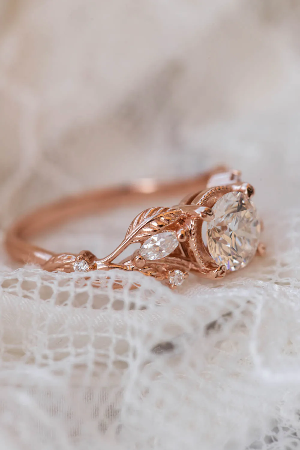 1 carat moissanite engagement ring, rose gold ring with leaves and diamonds / Patricia