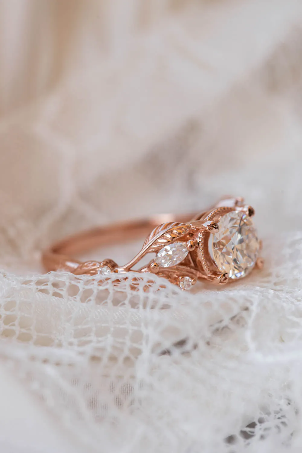 1 carat moissanite engagement ring, rose gold ring with leaves and diamonds / Patricia