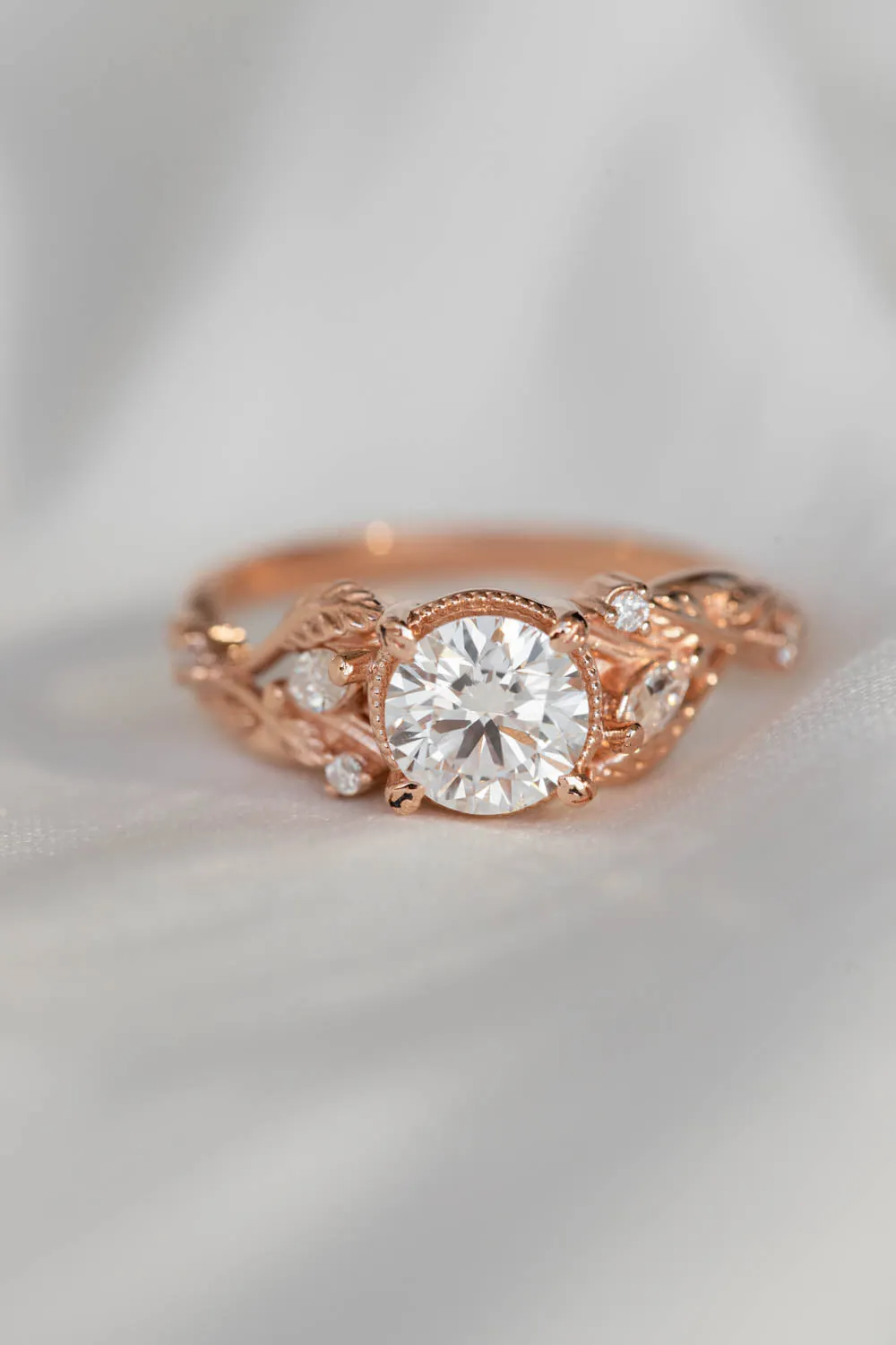 1 carat moissanite engagement ring, rose gold ring with leaves and diamonds / Patricia