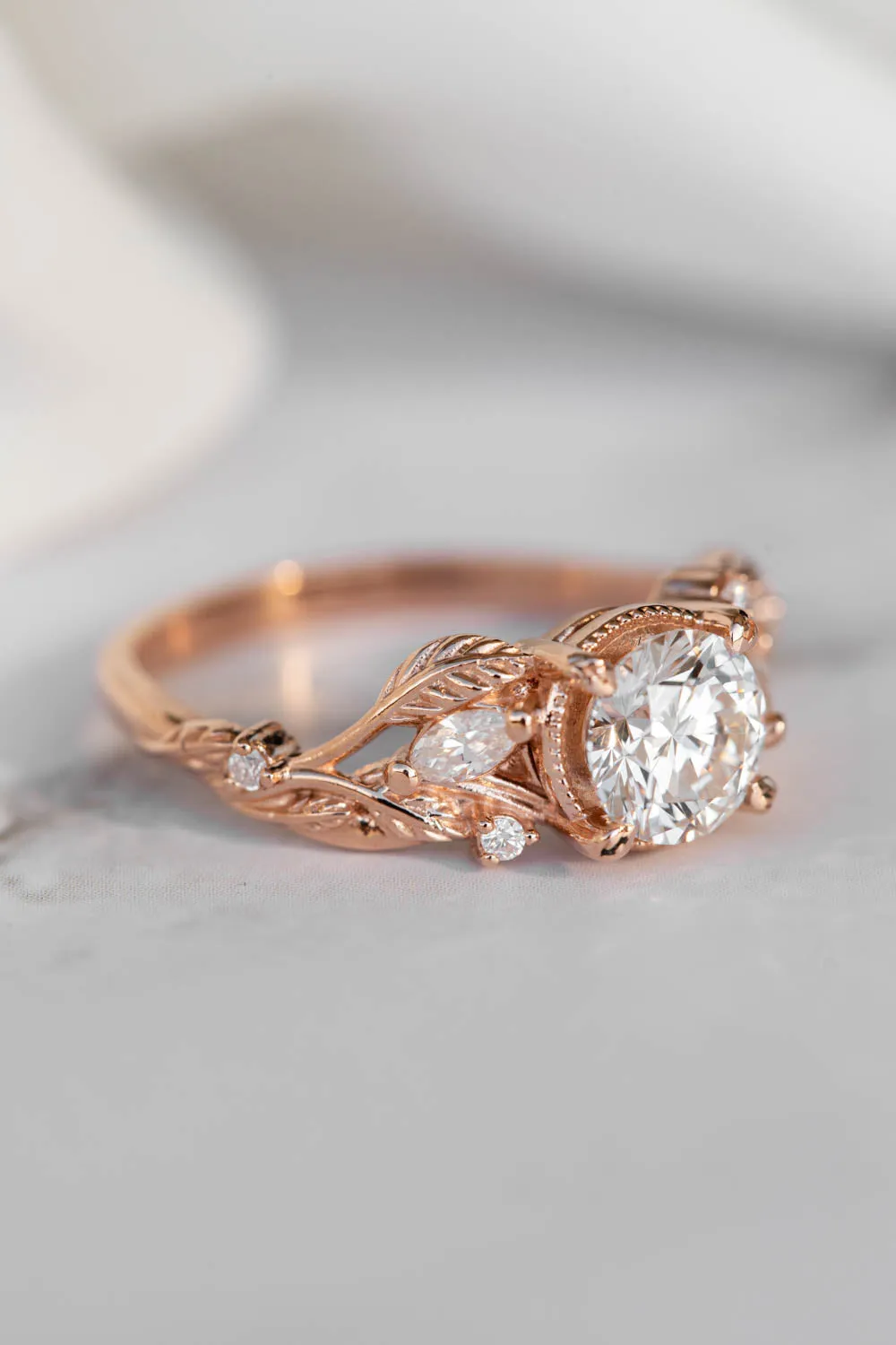 1 carat moissanite engagement ring, rose gold ring with leaves and diamonds / Patricia