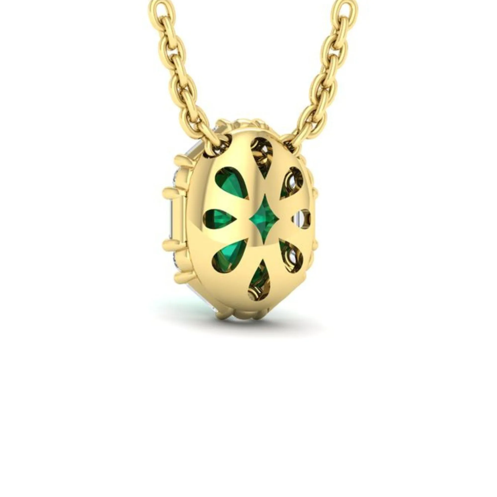 14K YELLOW GOLD OVAL EMERALD AND DIAMOND HALO WITH BAGUETTES NECKLACE