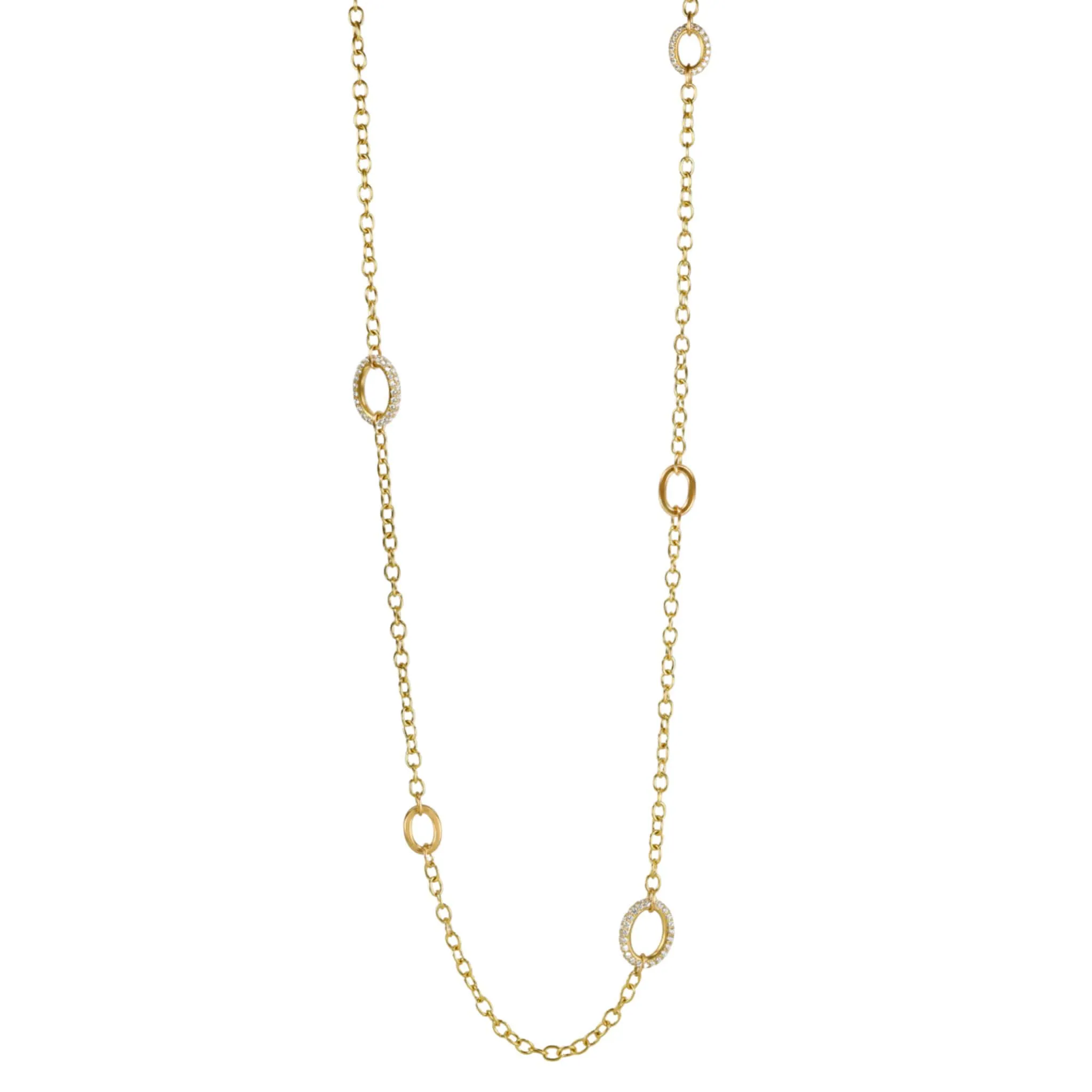 20K Gold Handmade Chain Station Necklace with 8 Varied Gold and Pave Diamond Links