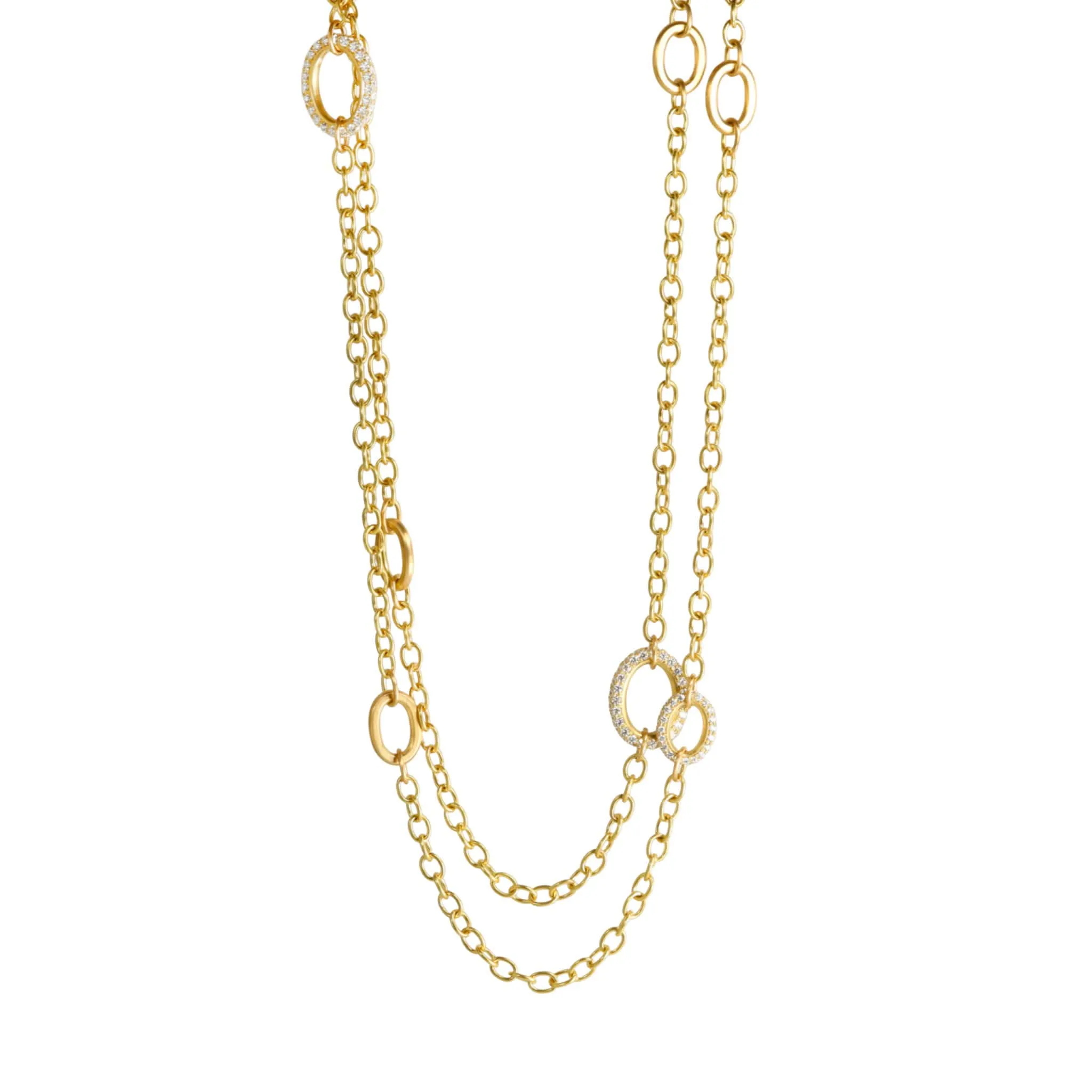 20K Gold Handmade Chain Station Necklace with 8 Varied Gold and Pave Diamond Links