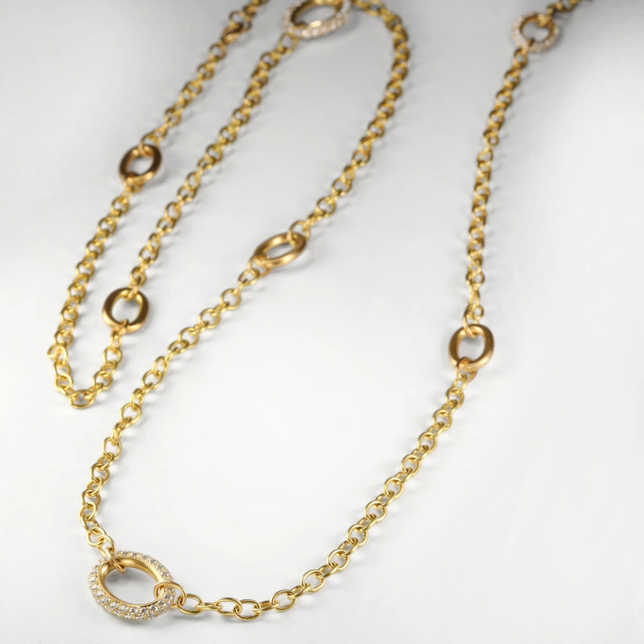 20K Gold Handmade Chain Station Necklace with 8 Varied Gold and Pave Diamond Links