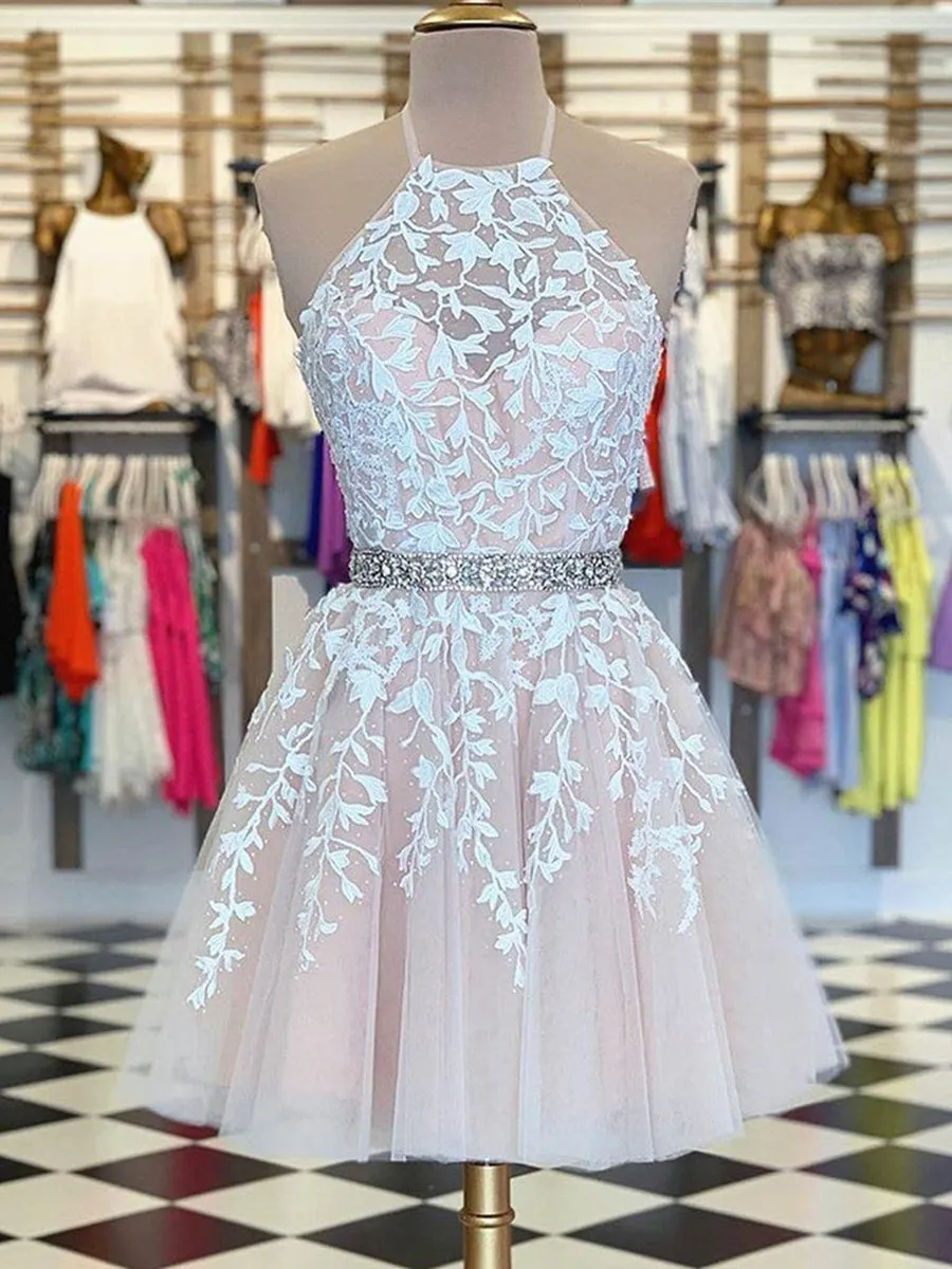 A Line Halter Neck Short Pink Lace Prom Dresses with Belt, Pink Lace Formal Graduation Homecoming Dresses