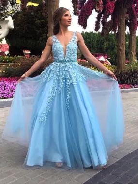 A Line V Neck Lace Long Prom Dresses Tulle Formal Evening Gowns