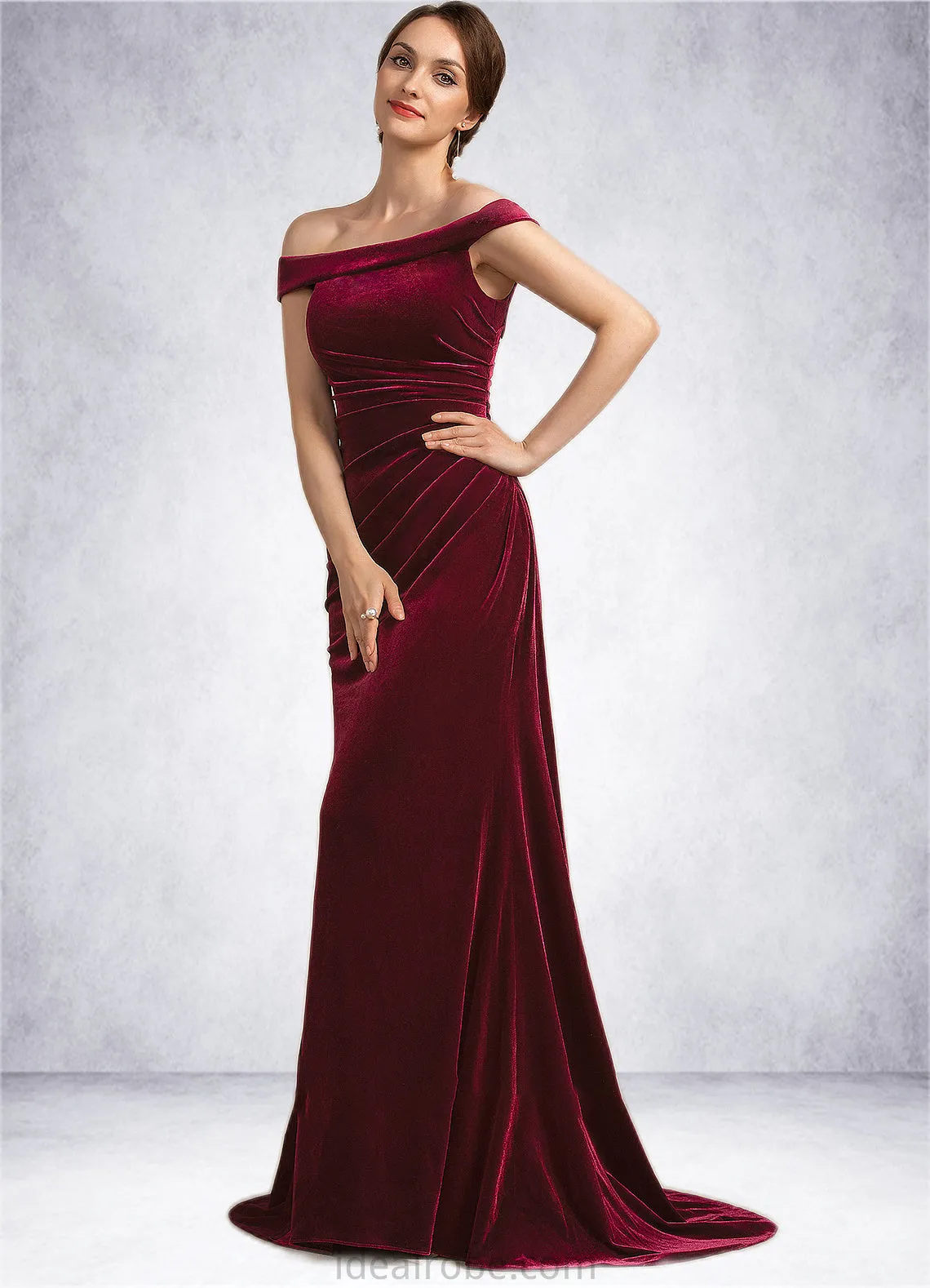 Bella Trumpet/Mermaid Off-the-Shoulder Sweep Train Velvet Mother of the Bride Dress With Ruffle STK126P0014988