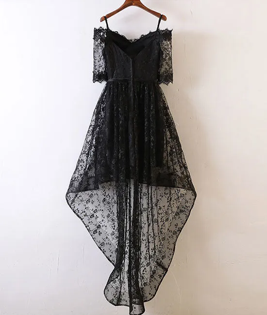 Black lace high low prom dress, black lace evening dress