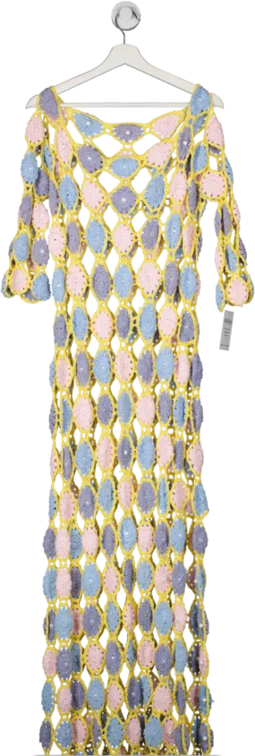 Celia B Yellow Long Patterned Pastel Crochet Dress With Split Sides UK L