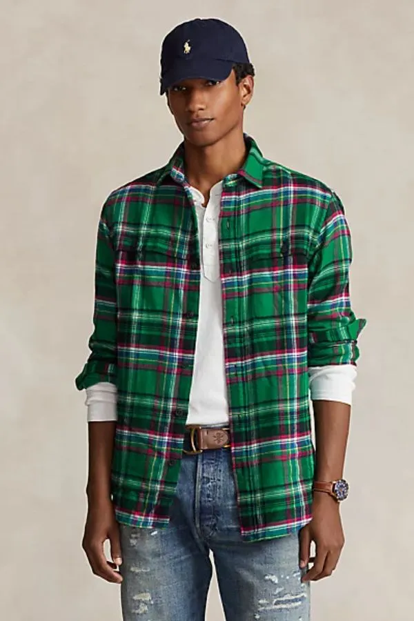 Classic Fit Suede-Patch Plaid Workshirt