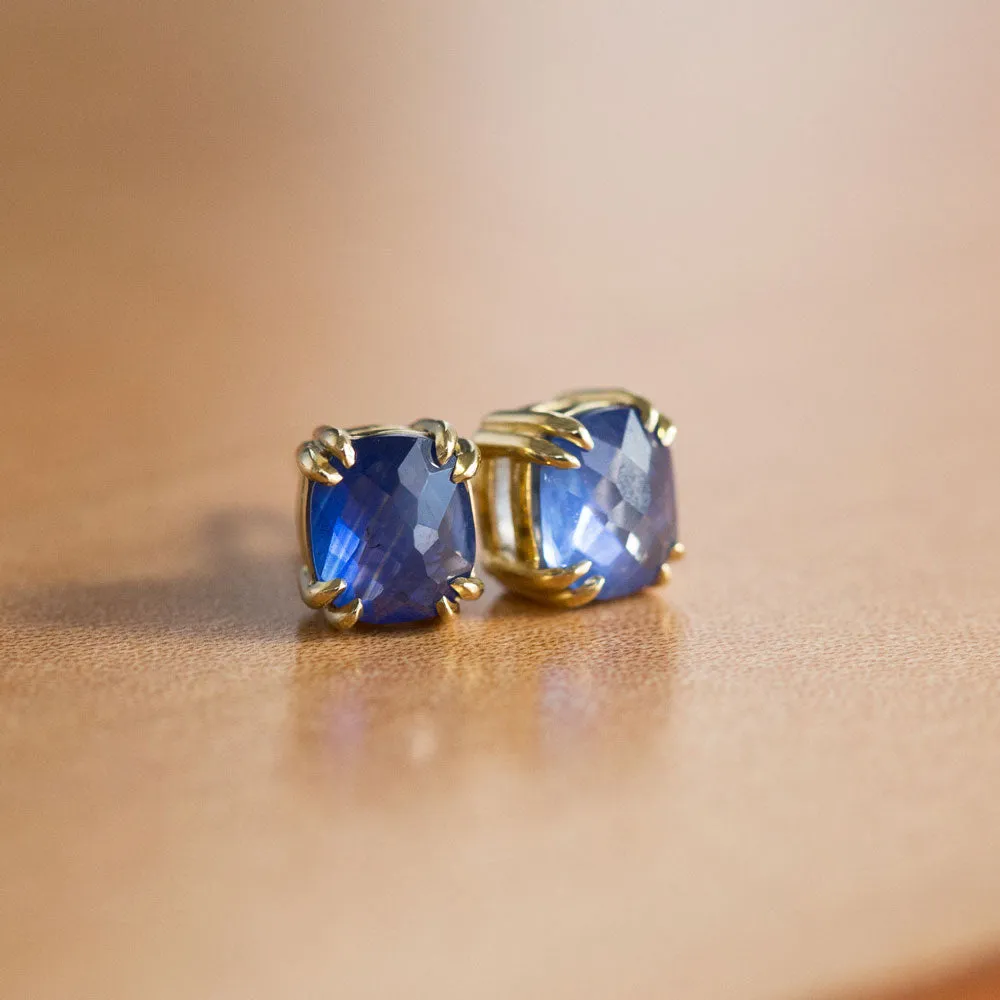 Cushion Rosecut Sapphire Earrings in 18k Yellow Gold Double Prong Settings