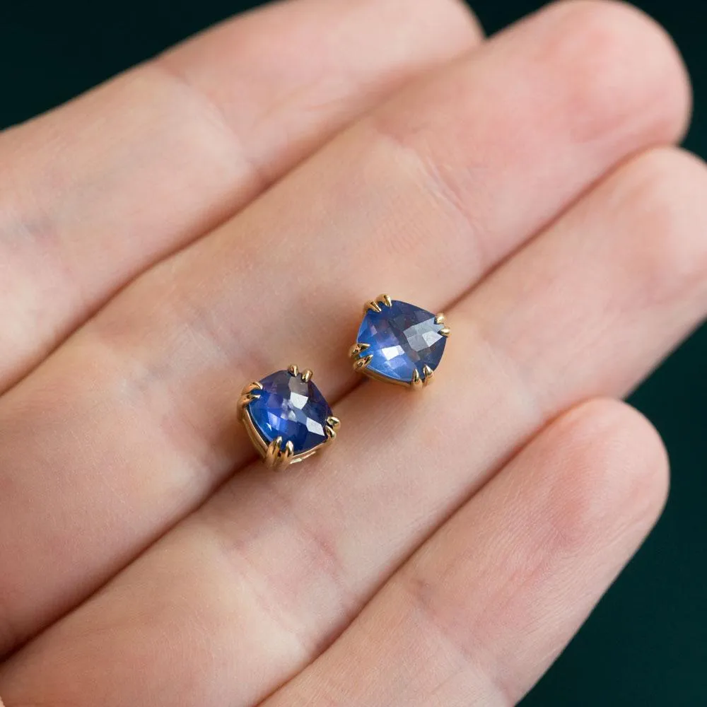 Cushion Rosecut Sapphire Earrings in 18k Yellow Gold Double Prong Settings