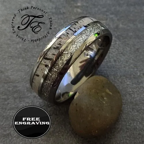 Custom Engraved Men's Deer Antler and Meteor Tungsten Wedding Ring - Deer Antler Ring