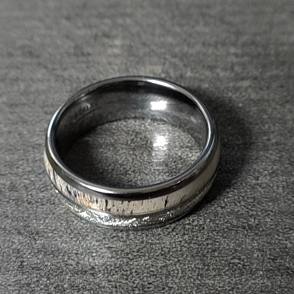 Custom Engraved Men's Deer Antler and Meteor Tungsten Wedding Ring - Deer Antler Ring