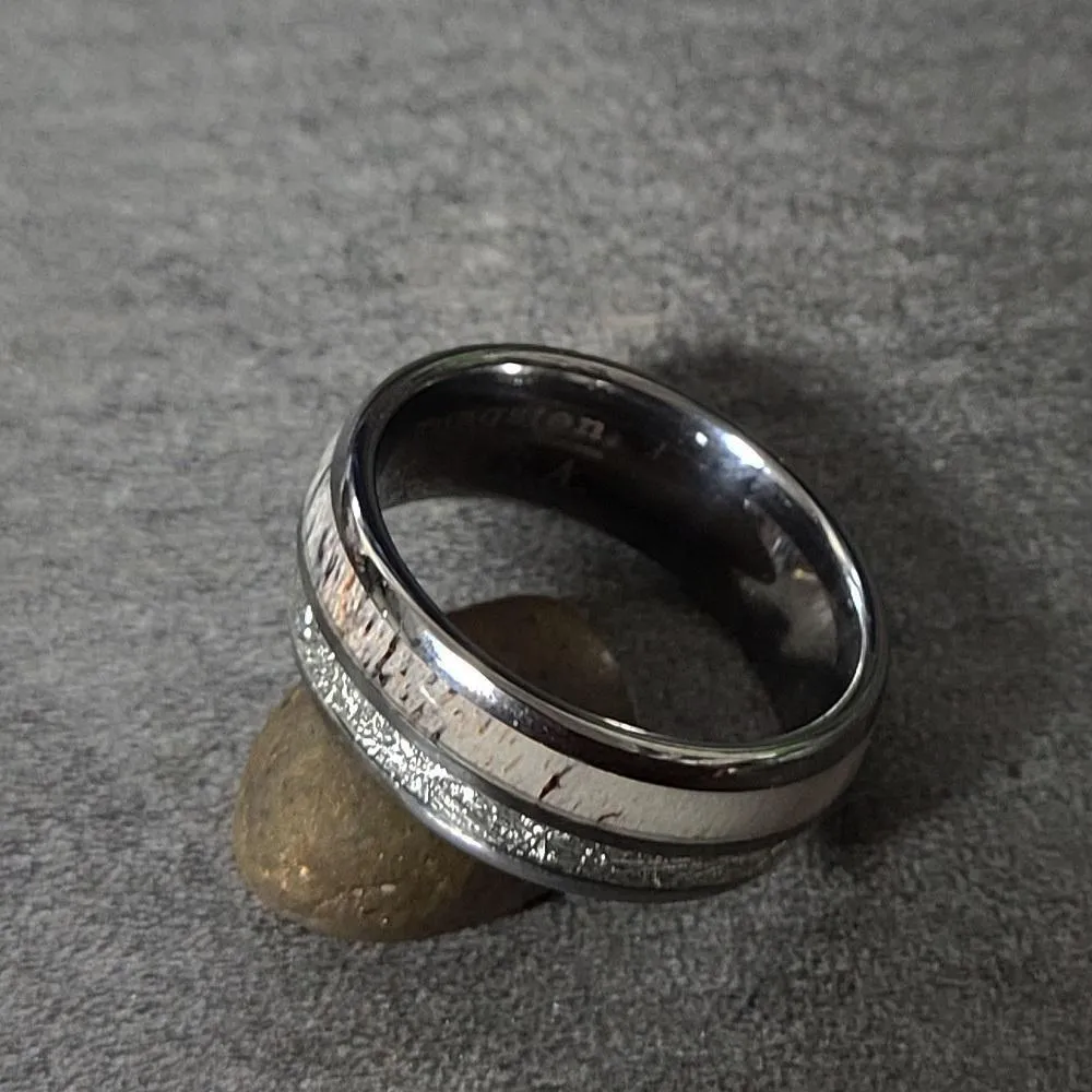 Custom Engraved Men's Deer Antler and Meteor Tungsten Wedding Ring - Deer Antler Ring