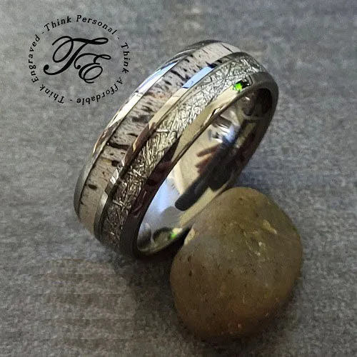 Custom Engraved Men's Deer Antler and Meteor Tungsten Wedding Ring - Deer Antler Ring