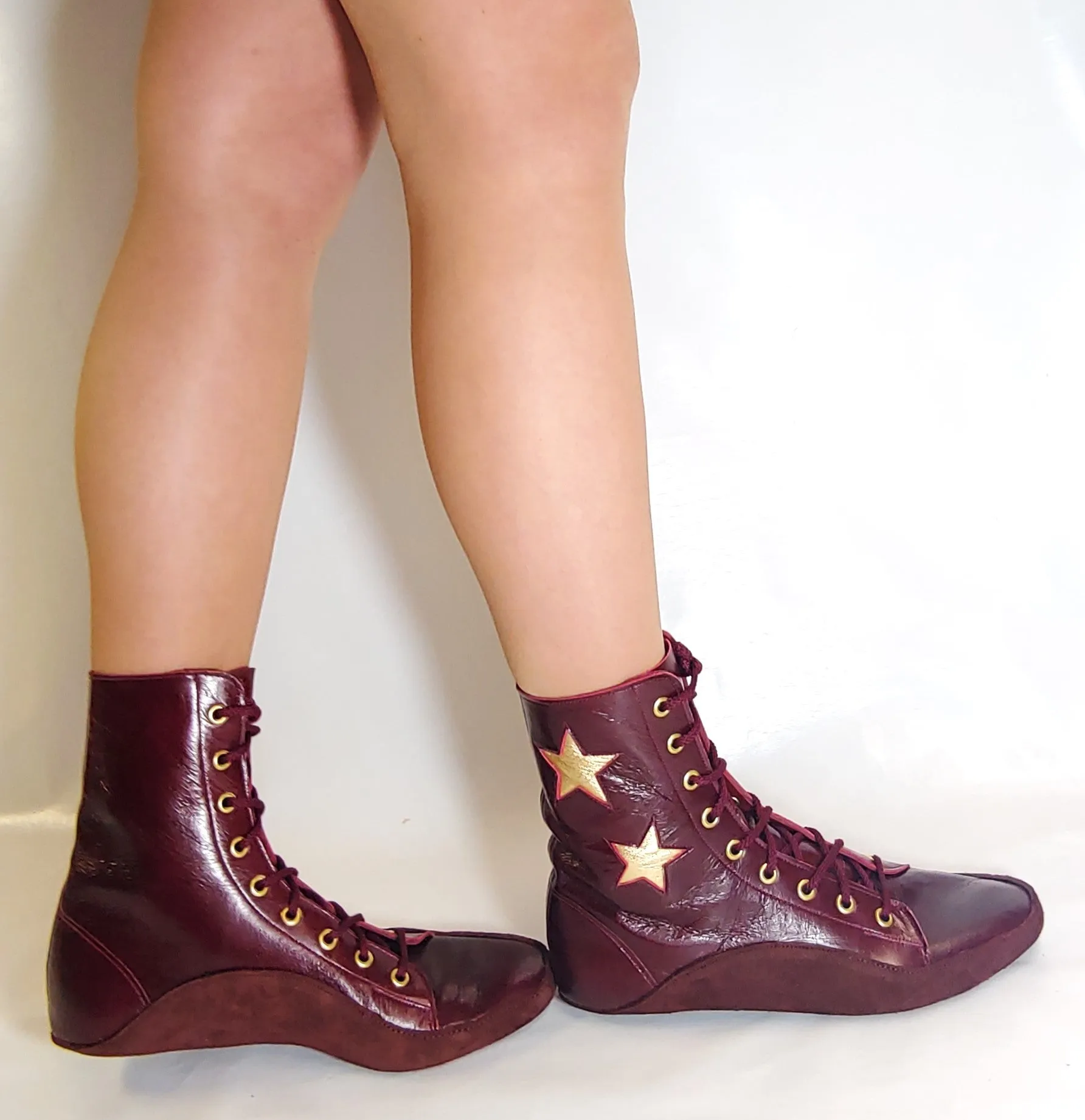 CUSTOM MADE Burgundy Tightrope Boots w/ 2 Gold Stars