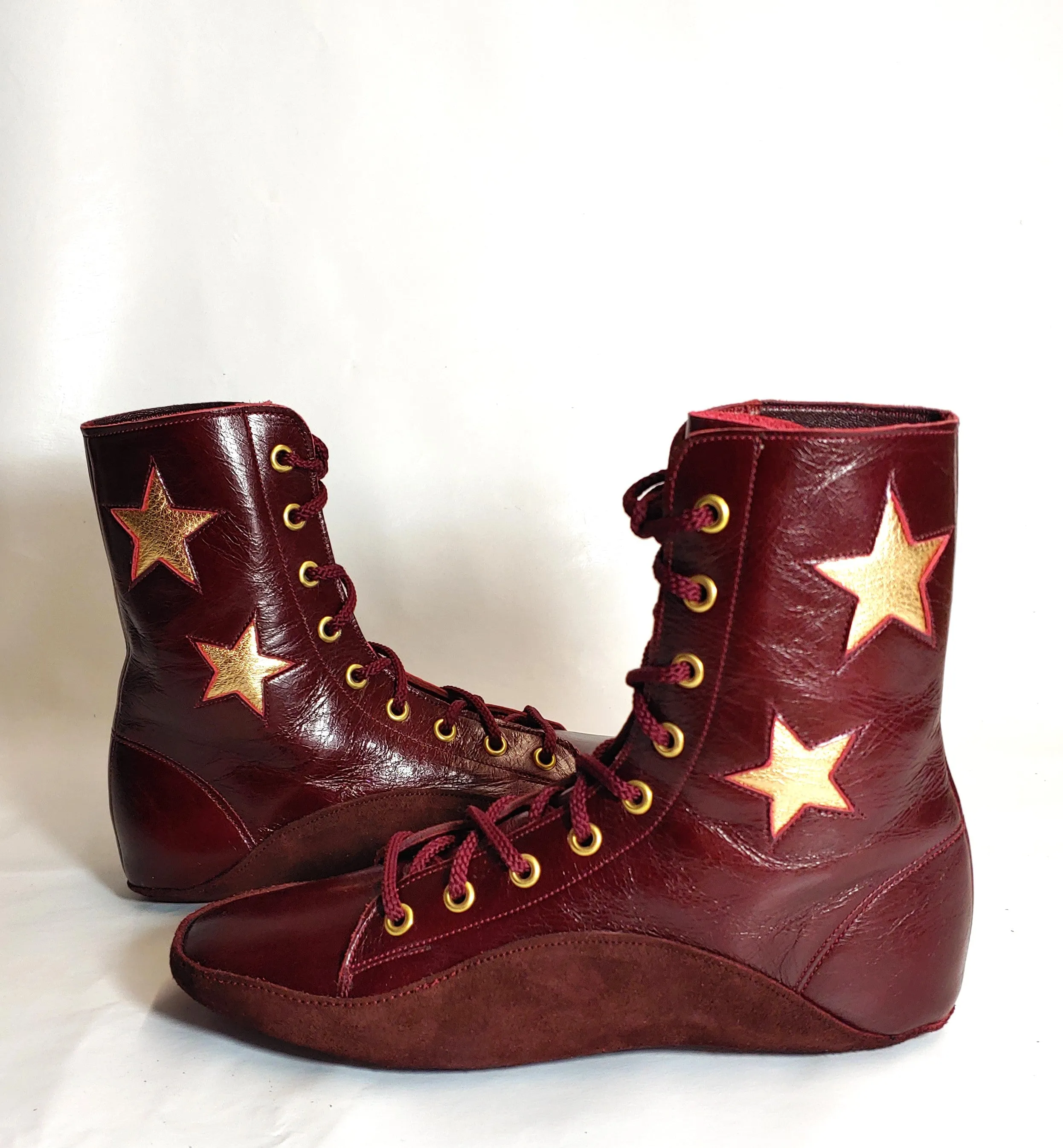 CUSTOM MADE Burgundy Tightrope Boots w/ 2 Gold Stars