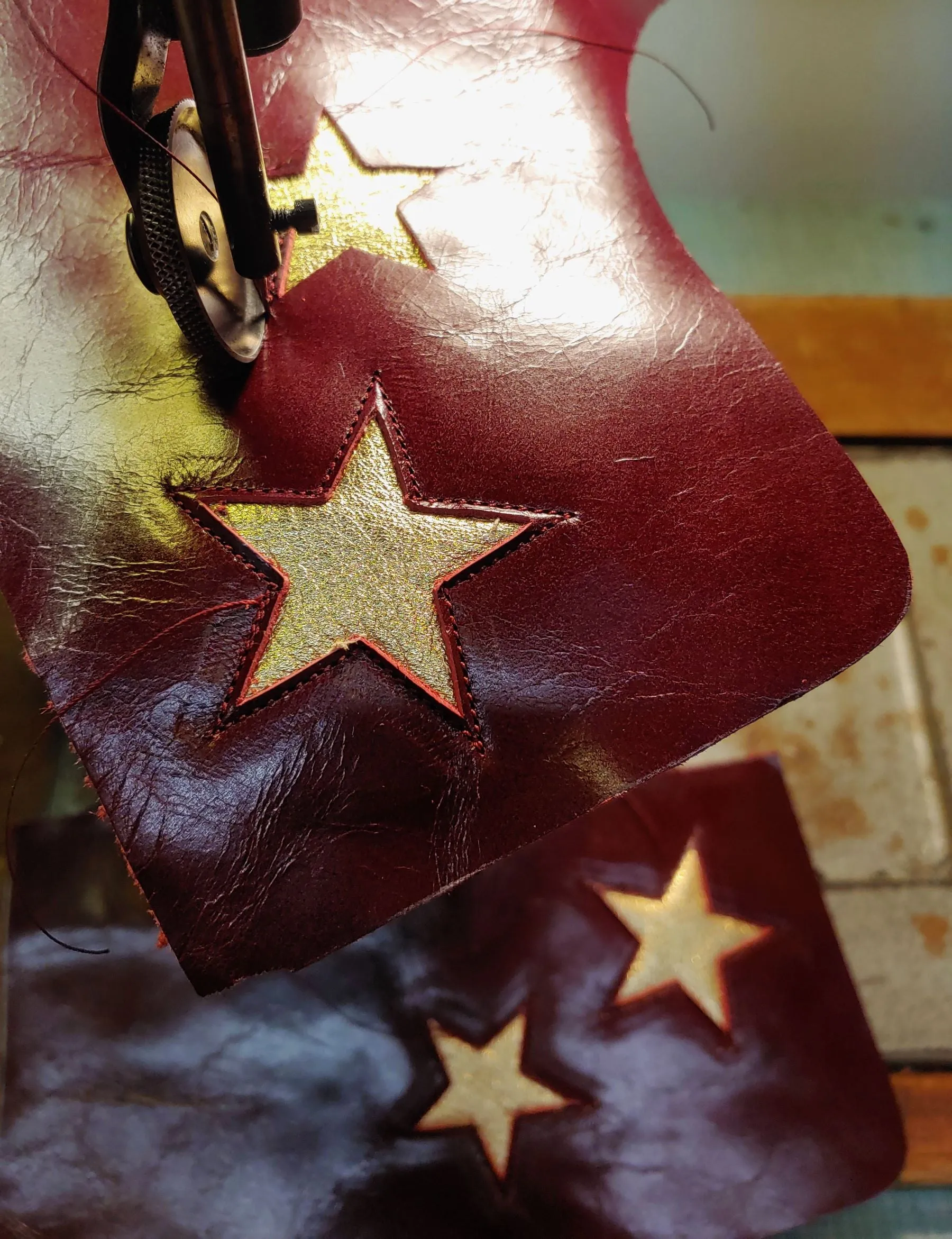 CUSTOM MADE Burgundy Tightrope Boots w/ 2 Gold Stars