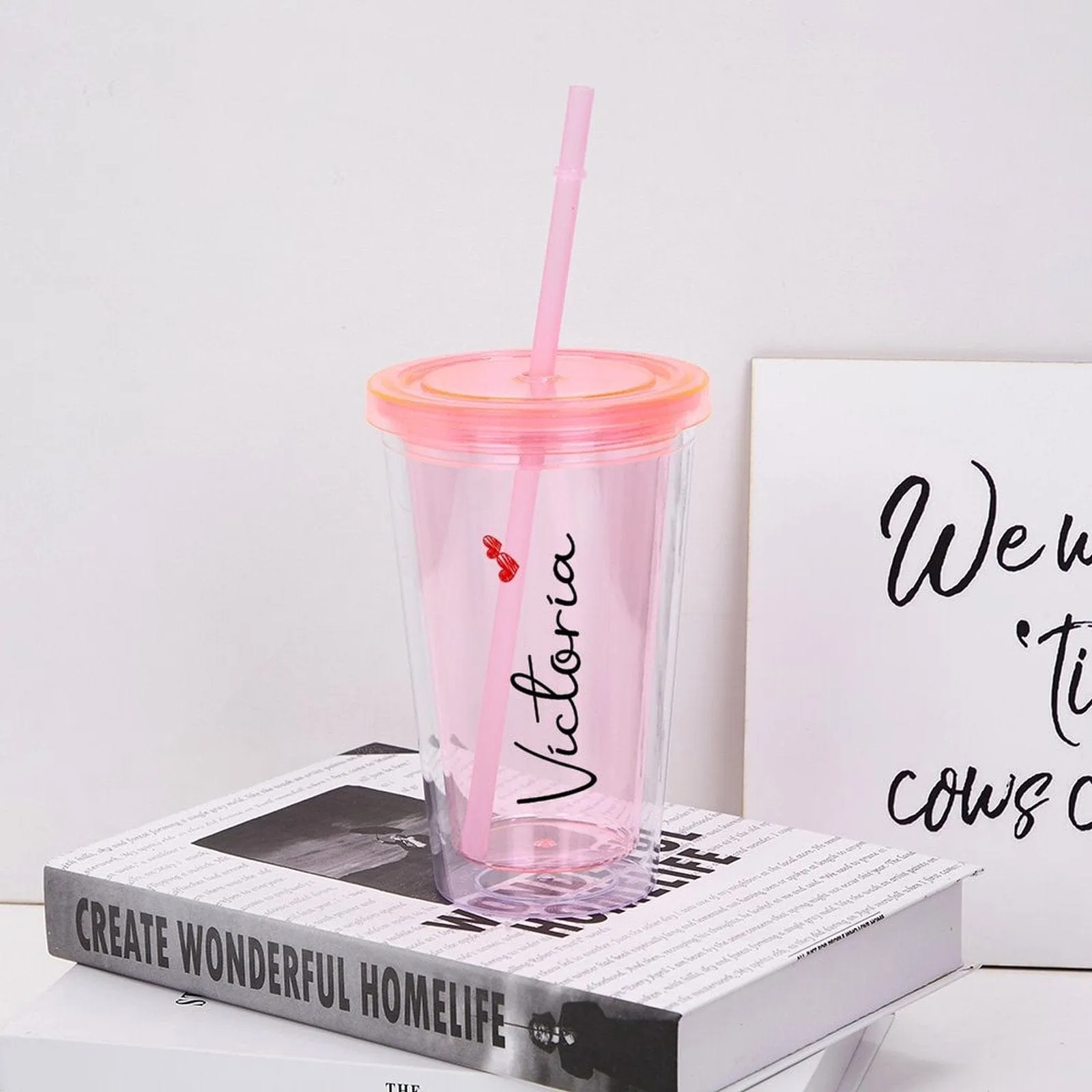 Custom Name Heart Tumbler with Straw - 16 OZ. Bridesmaid Gift