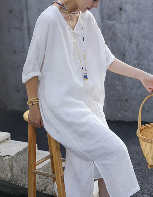 Embroidered Loose V-neck White Linen Dress