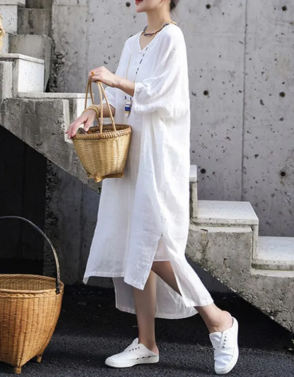 Embroidered Loose V-neck White Linen Dress