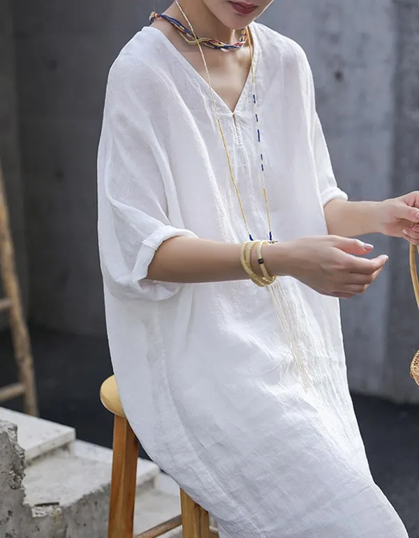 Embroidered Loose V-neck White Linen Dress