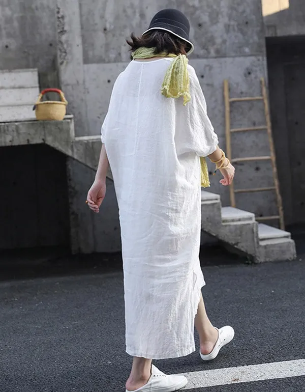 Embroidered Loose V-neck White Linen Dress