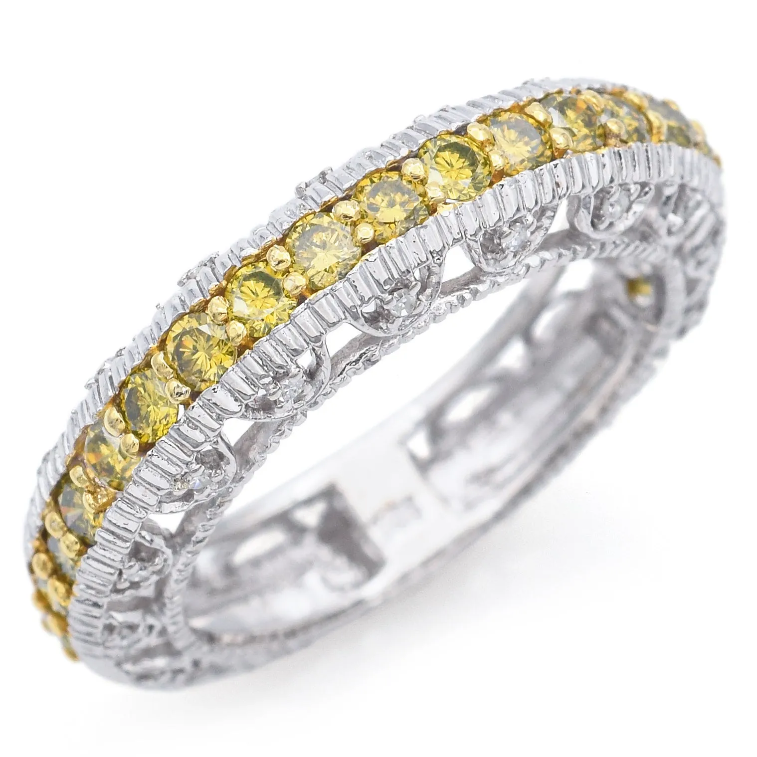 Estate 14K White Gold 1.54 TCW Yellow & White Diamond Band Ring Size 7.25