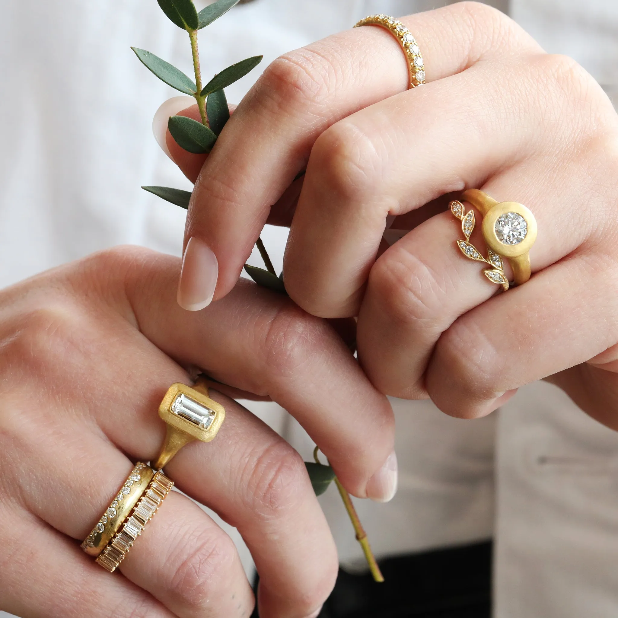 Gold Bridge Eternity Ring with Tapered Baguette and Trapeze-Cut Diamonds