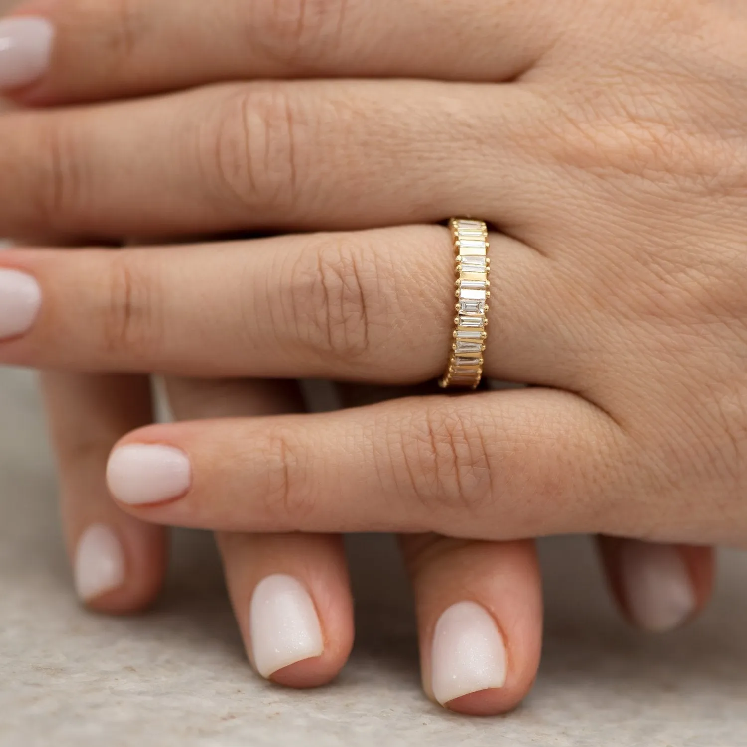 Gold Bridge Eternity Ring with Tapered Baguette and Trapeze-Cut Diamonds