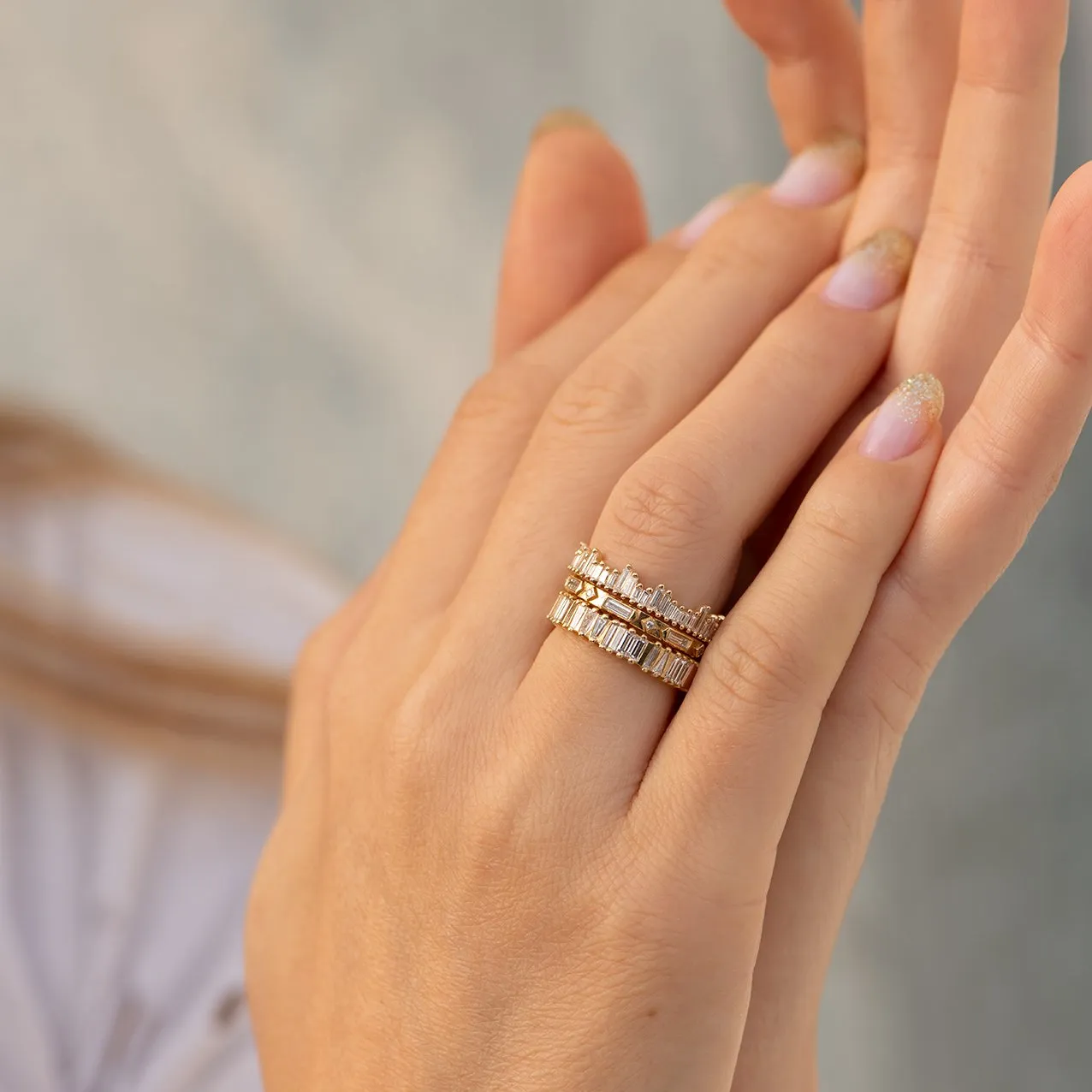 Gold Bridge Eternity Ring with Tapered Baguette and Trapeze-Cut Diamonds