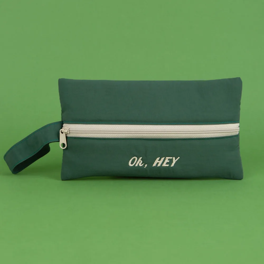 Green Oh Hey Typo Embroidery Airy Strap Pouches Slim Pencil Cases Ultra Light Stationery School Office Cosmetics Bags Gifts Bags Purses Students Cute Teens Girls