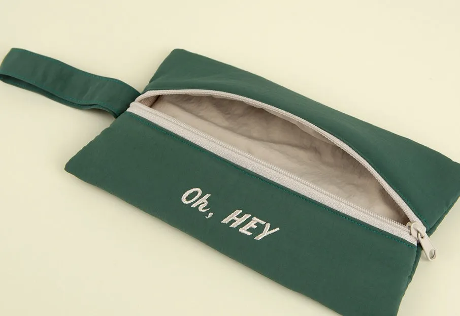 Green Oh Hey Typo Embroidery Airy Strap Pouches Slim Pencil Cases Ultra Light Stationery School Office Cosmetics Bags Gifts Bags Purses Students Cute Teens Girls