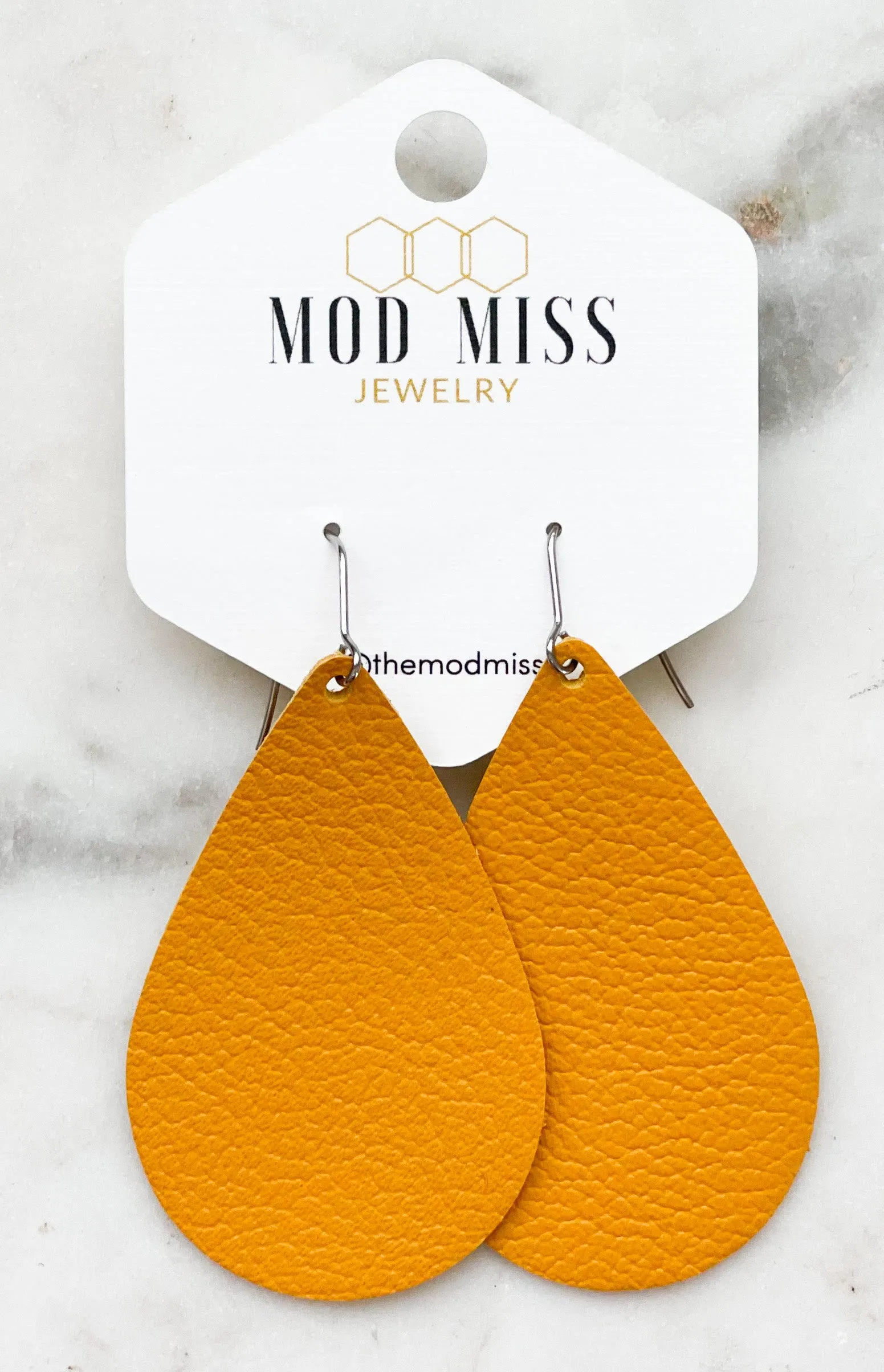 Leather Teardrop Earring Mustard Yellow