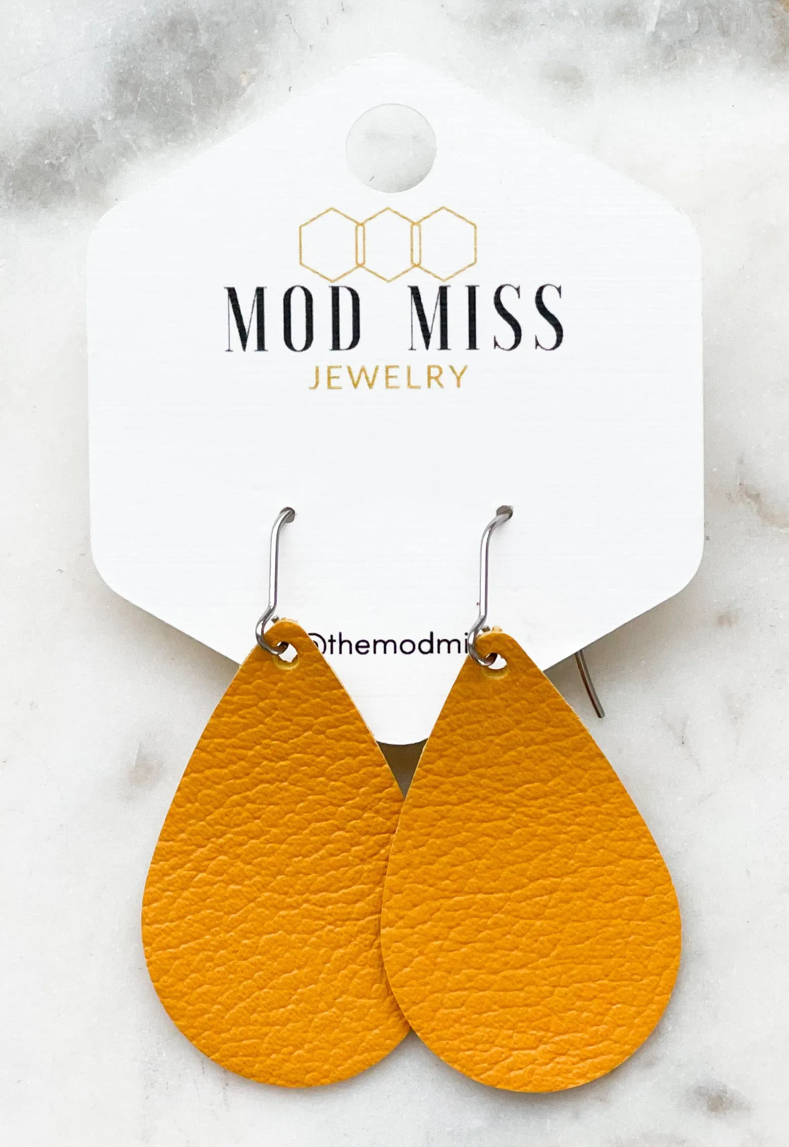 Leather Teardrop Earring Mustard Yellow