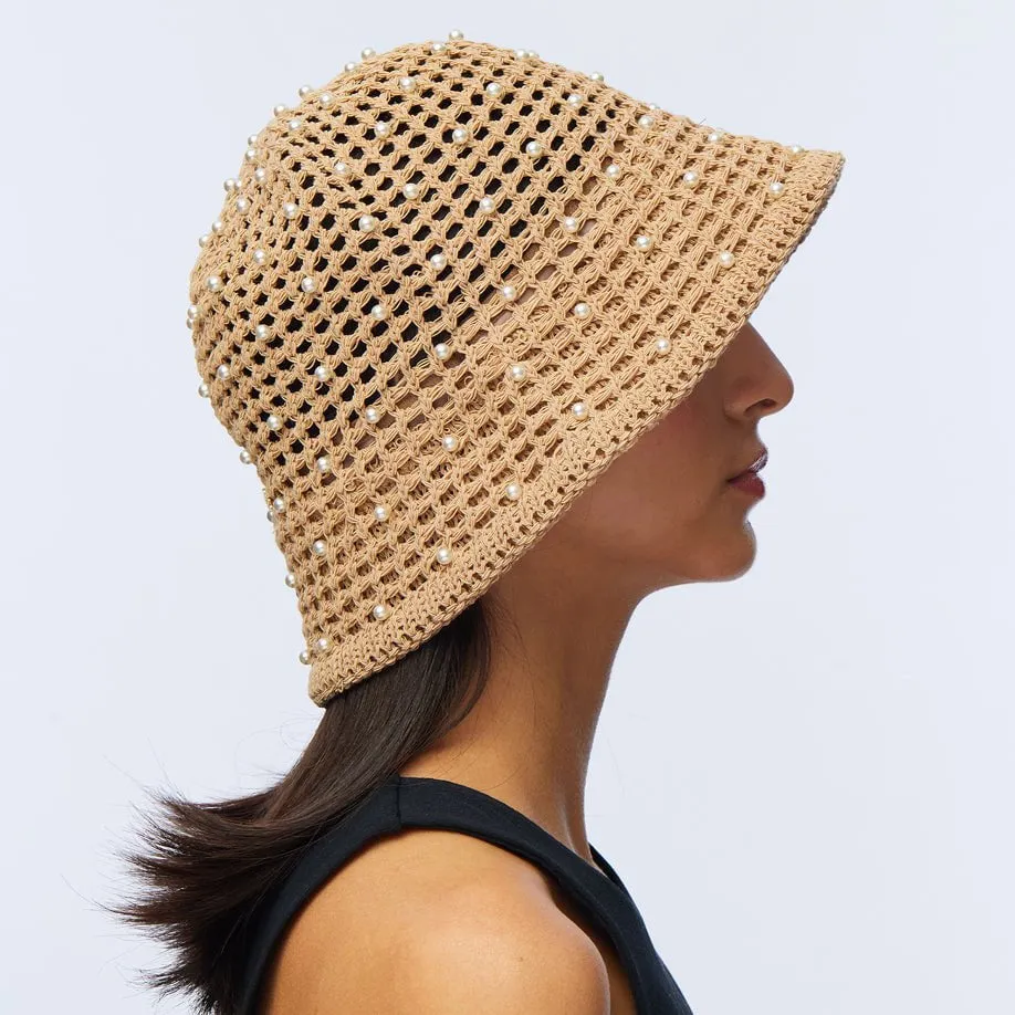 NATURAL OPEN WEAVE PEARL BUCKET HAT