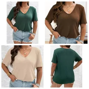 Plus Size Women's 1XL-5XL short-sleeved T-shirt fashion solid color short-sleeved tops ladies casual V-neck knitwear