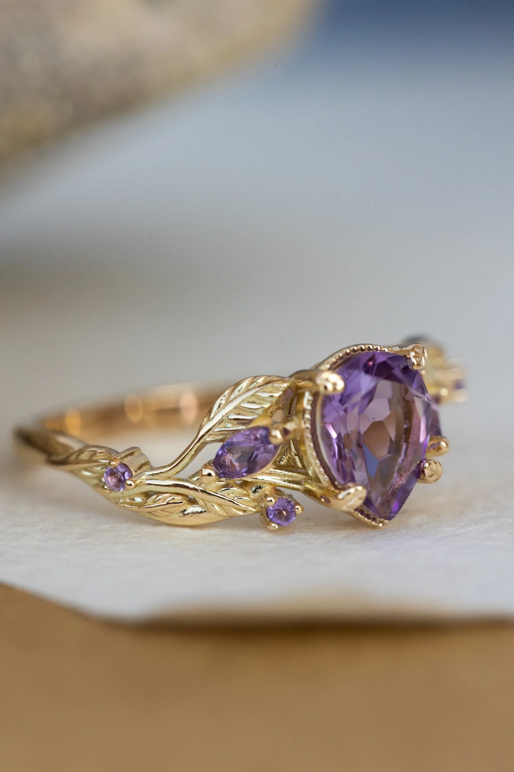 READY TO SHIP: Patricia ring in 14K yellow gold, natural amethyst pear cut 8x6 mm, accent amethysts, AVAILABLE RING SIZES: 6.5-8.5US