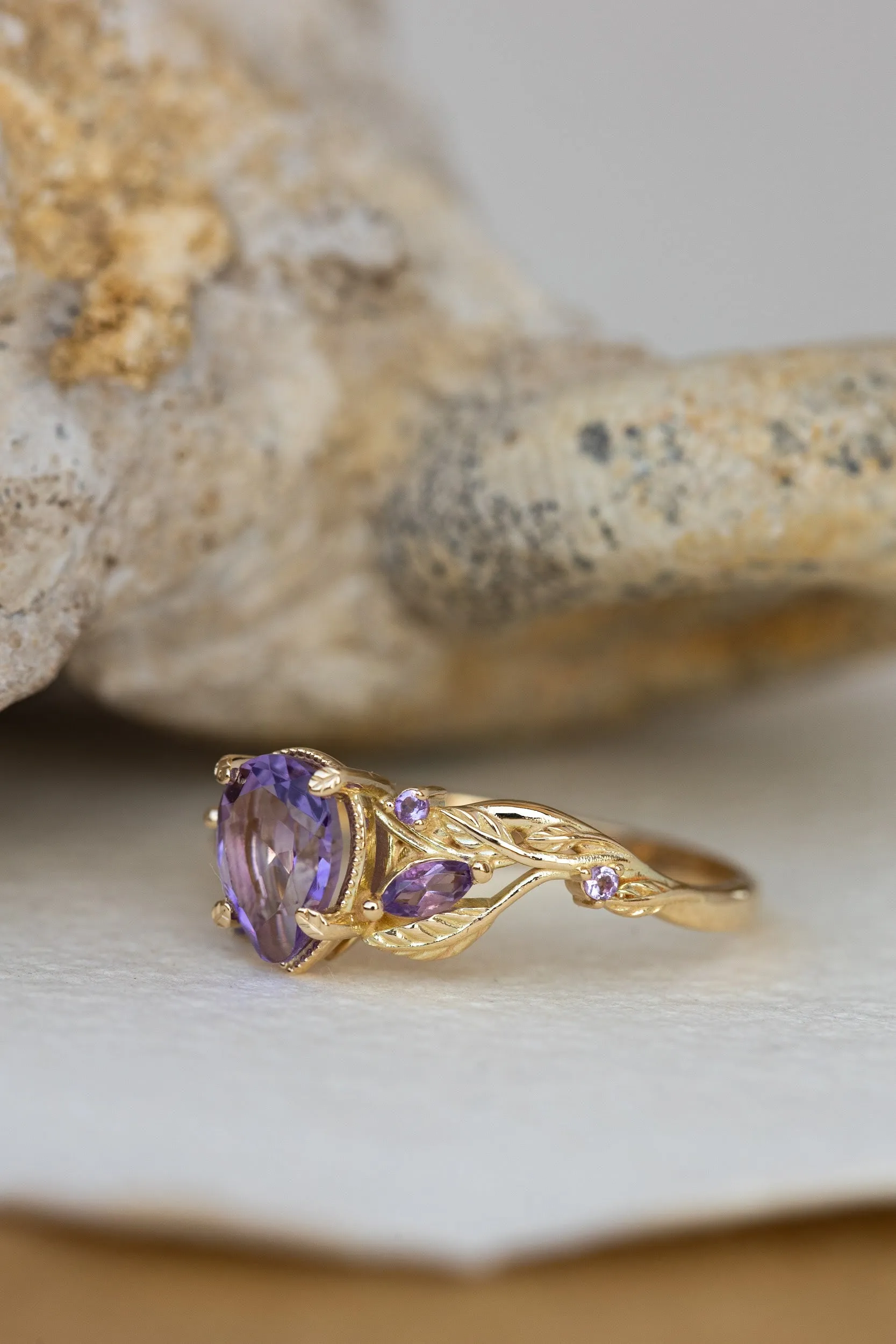 READY TO SHIP: Patricia ring in 14K yellow gold, natural amethyst pear cut 8x6 mm, accent amethysts, AVAILABLE RING SIZES: 6.5-8.5US