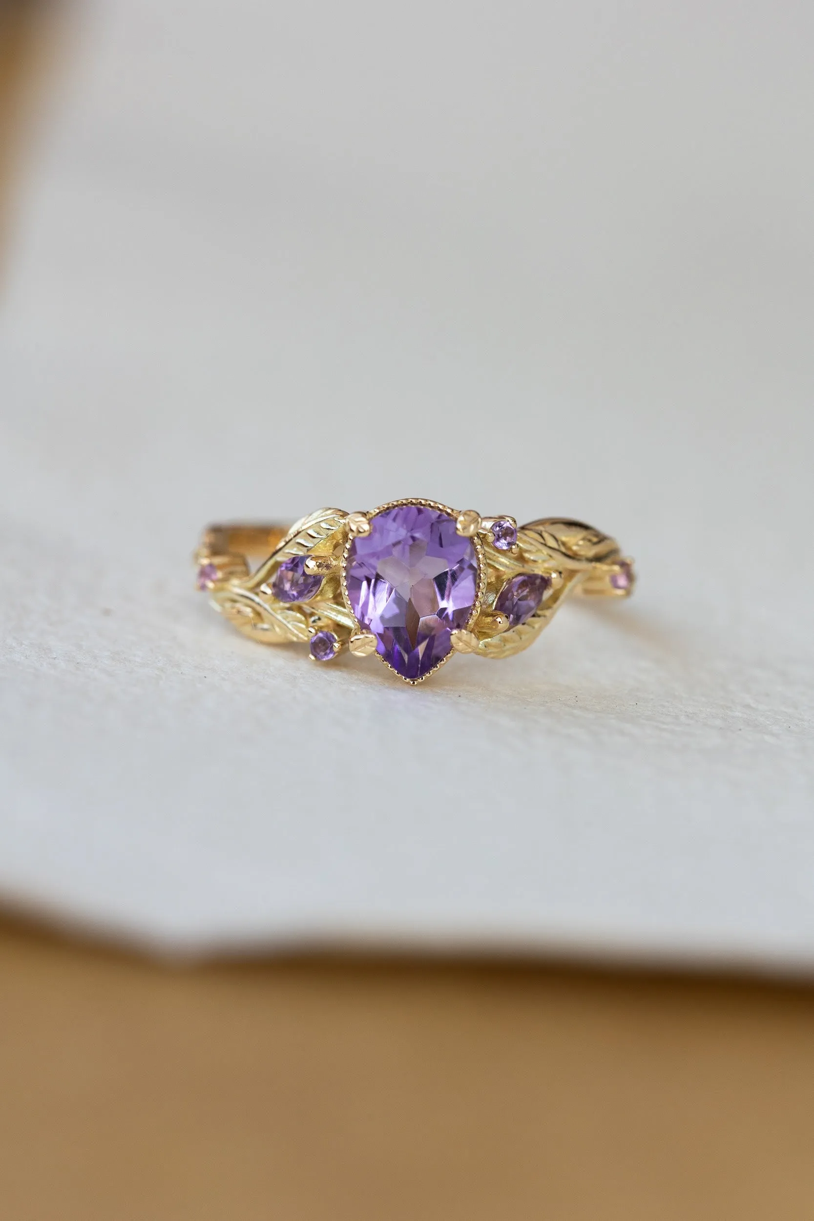 READY TO SHIP: Patricia ring in 14K yellow gold, natural amethyst pear cut 8x6 mm, accent amethysts, AVAILABLE RING SIZES: 6.5-8.5US