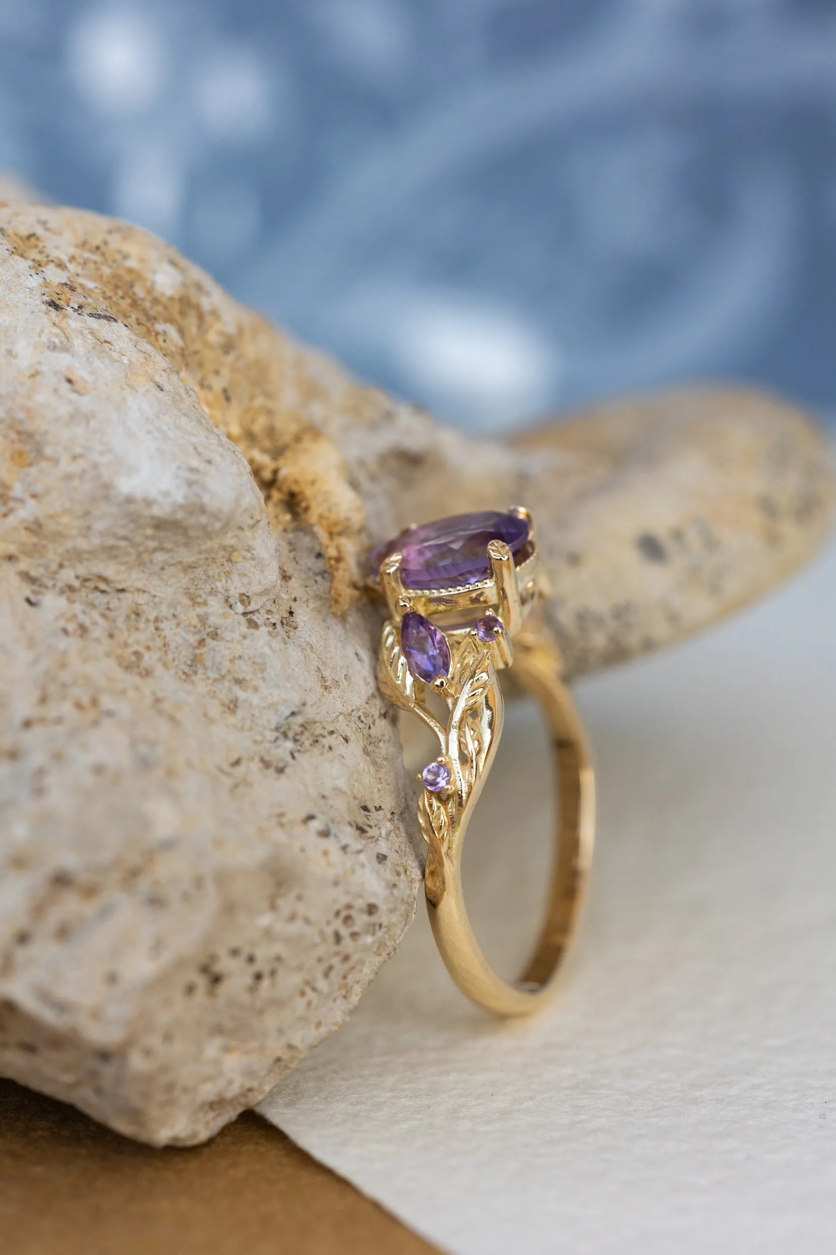 READY TO SHIP: Patricia ring in 14K yellow gold, natural amethyst pear cut 8x6 mm, accent amethysts, AVAILABLE RING SIZES: 6.5-8.5US