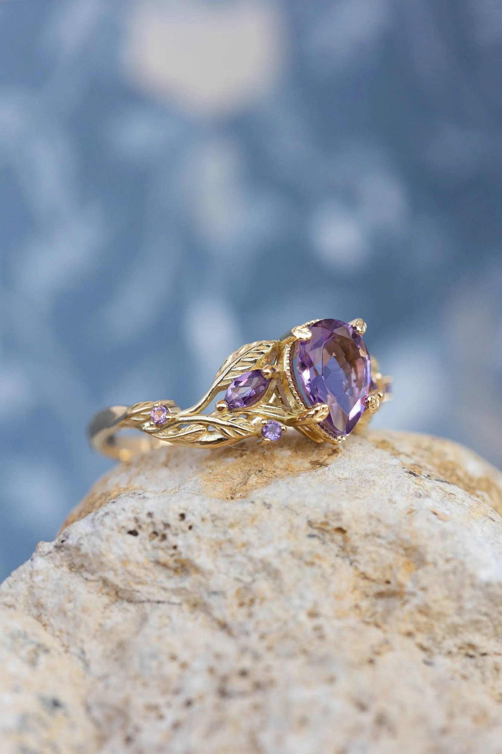 READY TO SHIP: Patricia ring in 14K yellow gold, natural amethyst pear cut 8x6 mm, accent amethysts, AVAILABLE RING SIZES: 6.5-8.5US