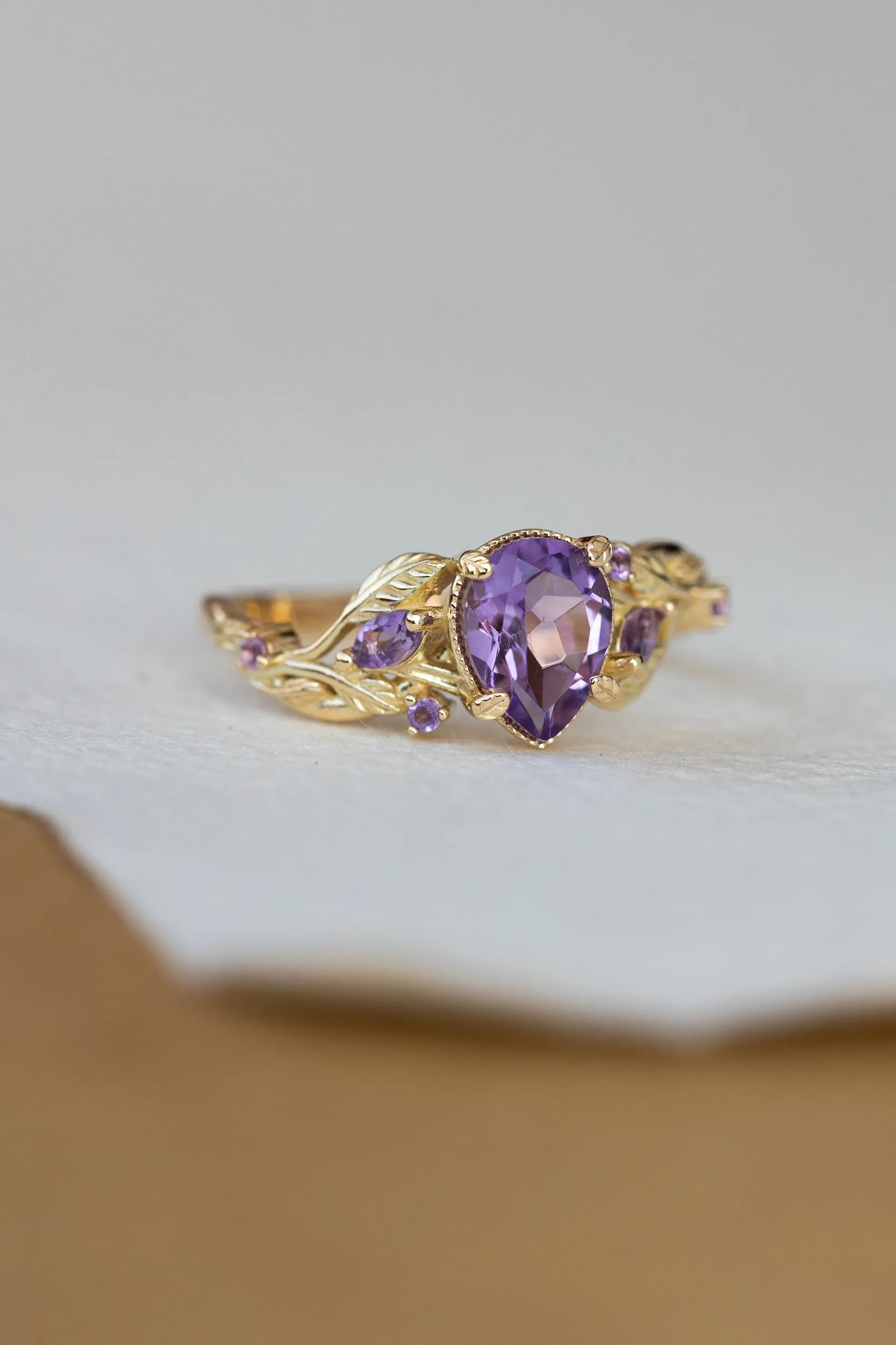 READY TO SHIP: Patricia ring in 14K yellow gold, natural amethyst pear cut 8x6 mm, accent amethysts, AVAILABLE RING SIZES: 6.5-8.5US