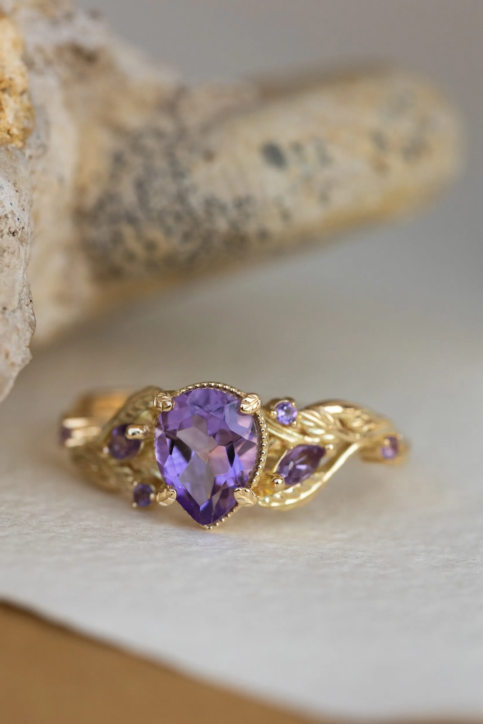 READY TO SHIP: Patricia ring in 14K yellow gold, natural amethyst pear cut 8x6 mm, accent amethysts, AVAILABLE RING SIZES: 6.5-8.5US