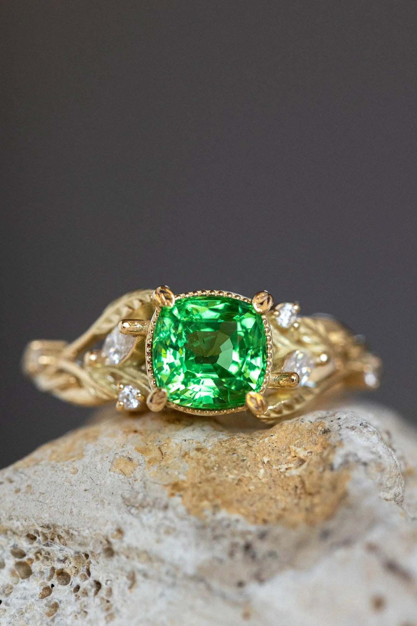 READY TO SHIP: Patricia ring in 14K yellow gold, tsavorite garnet cushion cut 6 mm, accent moissanites, AVAILABLE RING SIZES: 5.5-7.5US