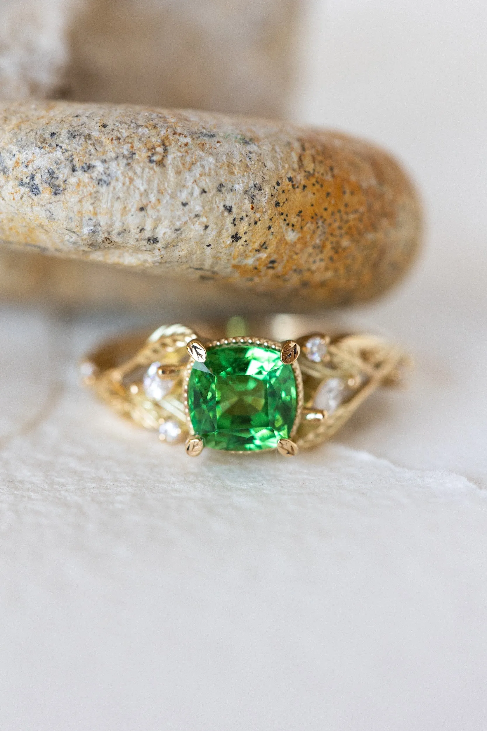 READY TO SHIP: Patricia ring in 14K yellow gold, tsavorite garnet cushion cut 6 mm, accent moissanites, AVAILABLE RING SIZES: 5.5-7.5US